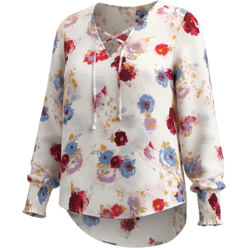Lucky Brand Boho Floral Print V Neck Long Sleeve Blouse Womans Size Medium